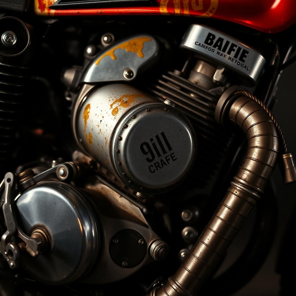 Detalle de motor de motocicleta vintage en taller PJ Motorcycles