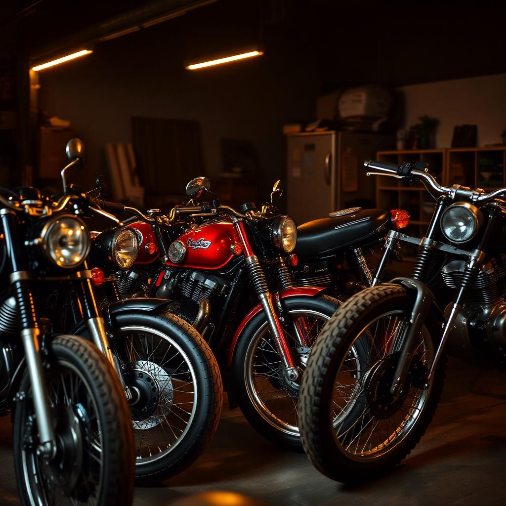 Motocicletas vintage alineadas en el taller PJ Motorcycles