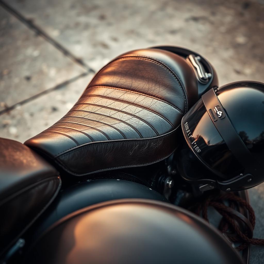 Asiento de cuero y casco vintage en motocicleta