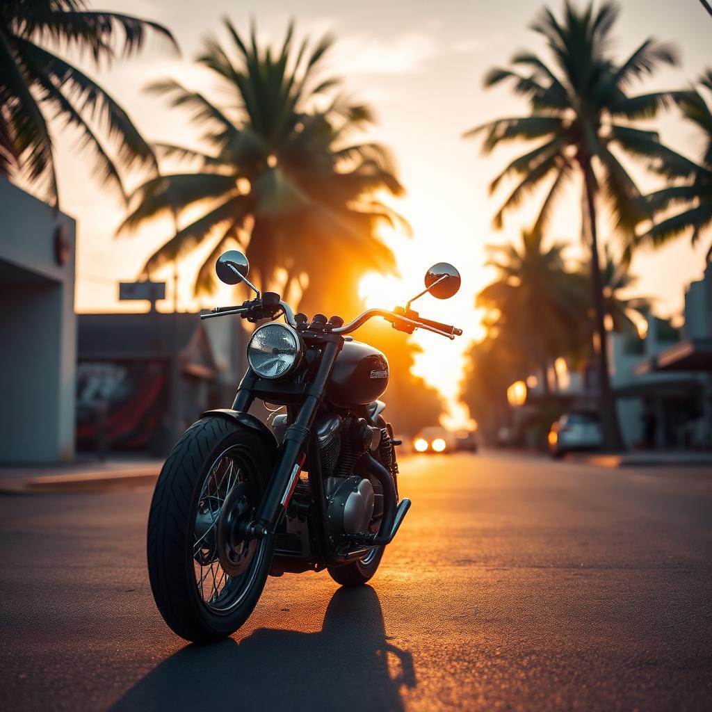 Motocicleta custom en una calle de Playa del Carmen al atardecer